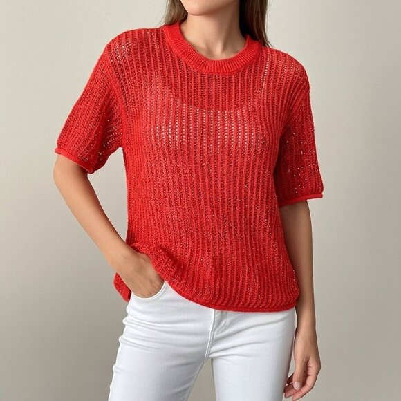 Zara Tops - Zara Red Orange Cotton Crochet Short Sleeve Top Size S